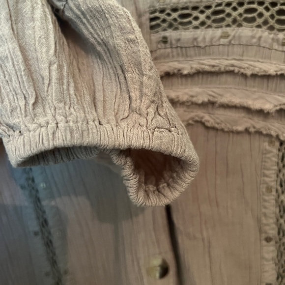 Free People Stars Lace Crochet Embellished Button Down Shirt Top Brown Beige M - Picture 8 of 11